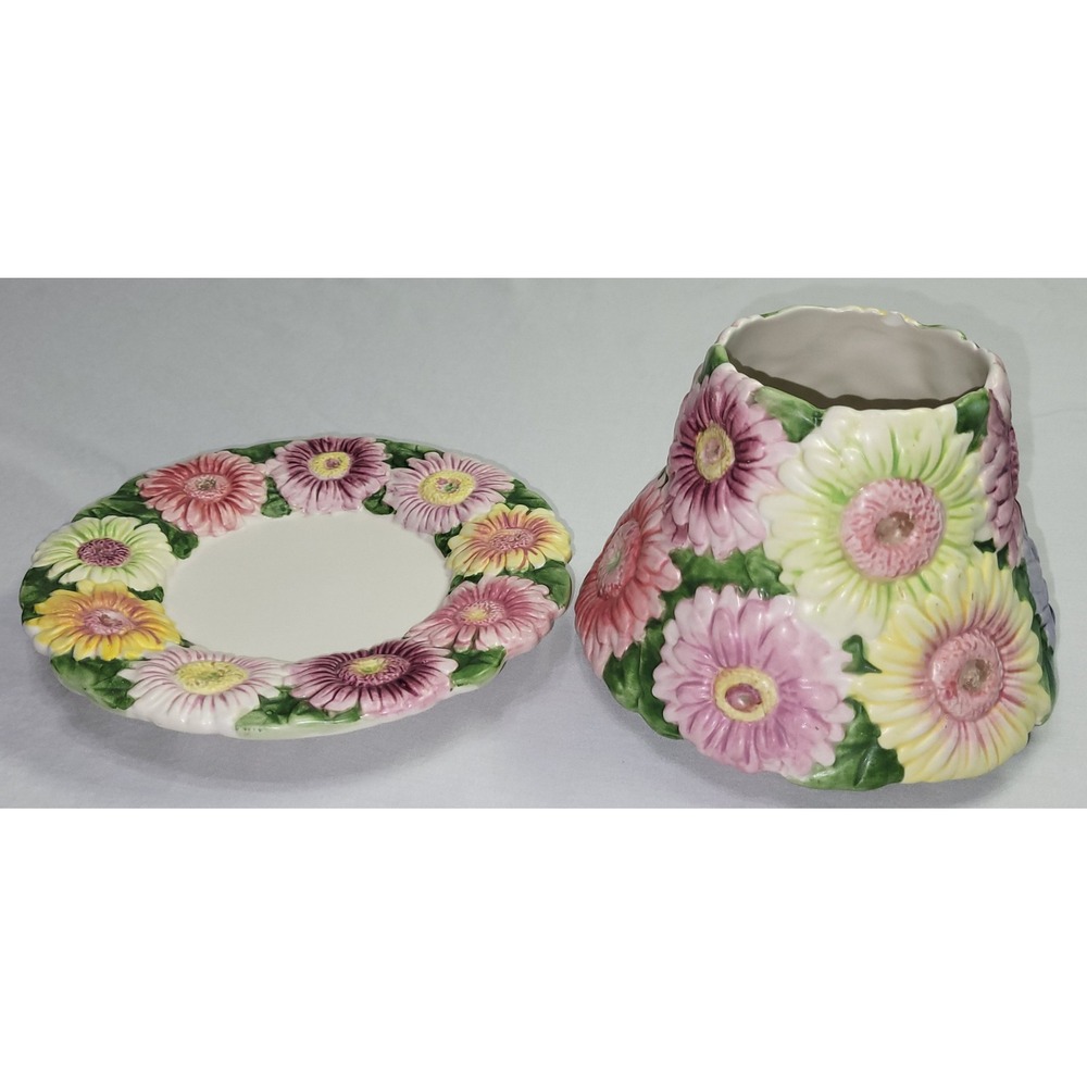 Yankee Candle Gerbera Daisy Jar Shade and Plate Set Floral Flowers Embossed 3D - Picture 6 of 13